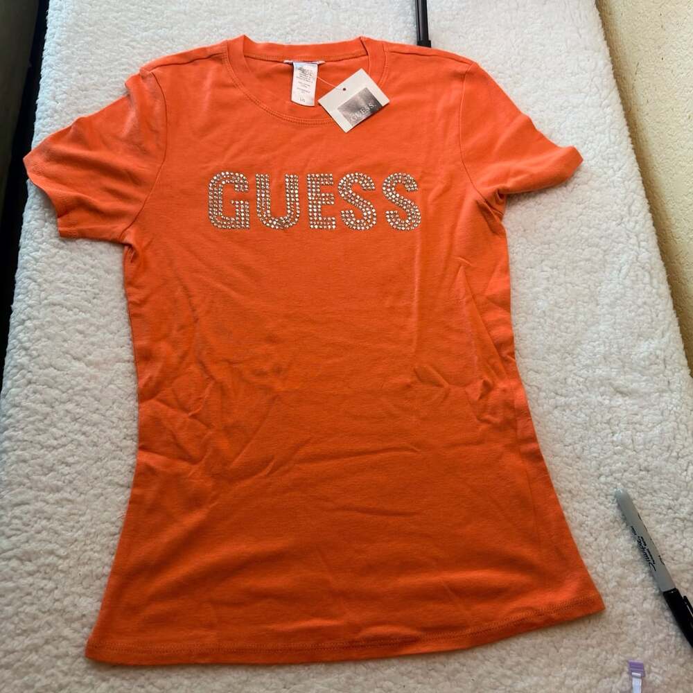 Guess Rhinestone Logo T-Shirt Size L Orange
